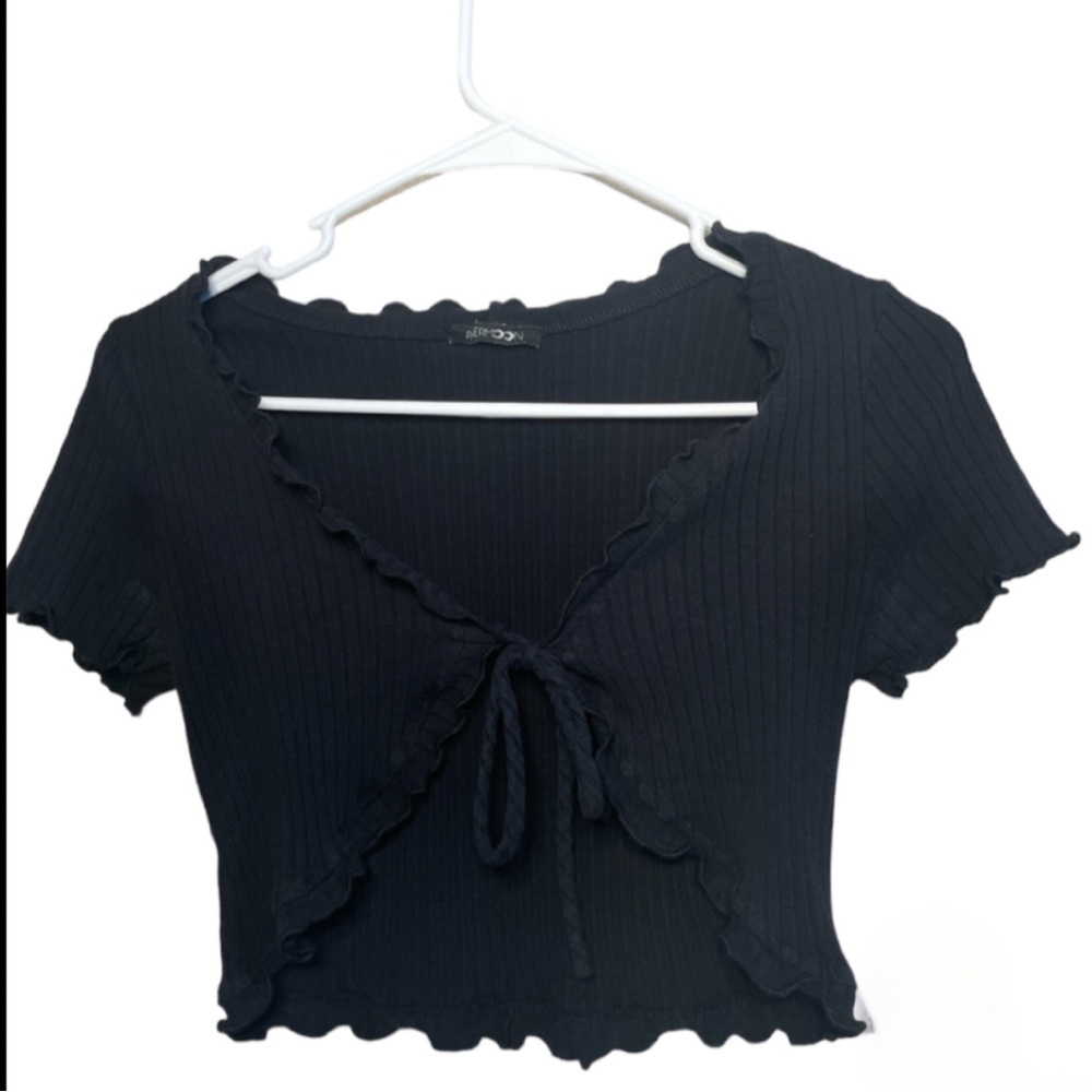 Papermoon Black Short Sleeve Tie Front Cropped Cardigan